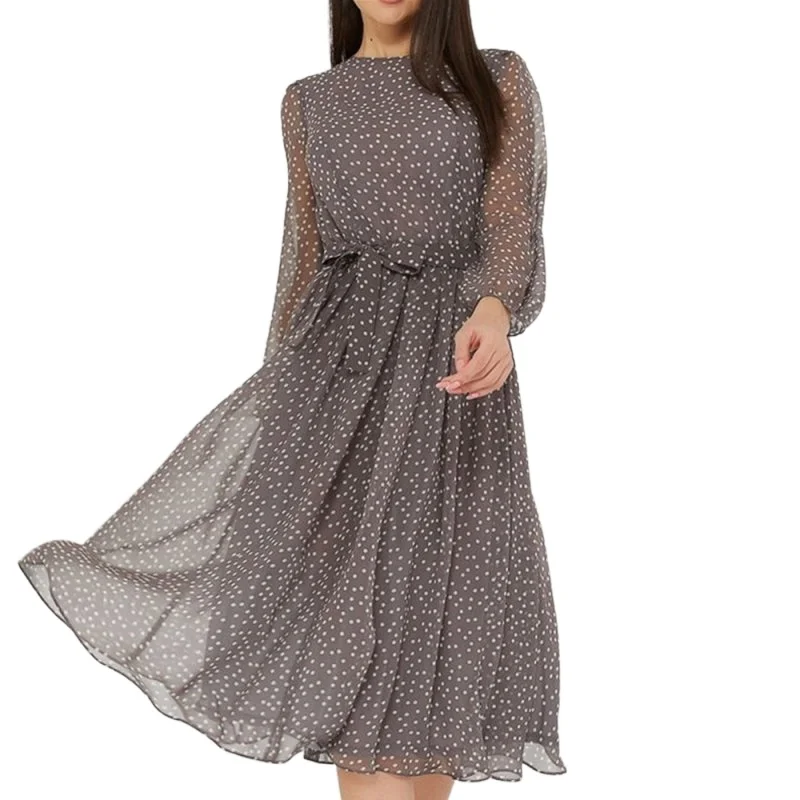 

Long Sleeve Vintage Dot Printing Women Spring Chiffon Dress Summer Fashion Casual Dress Boho Beach Women A-line Vestidos