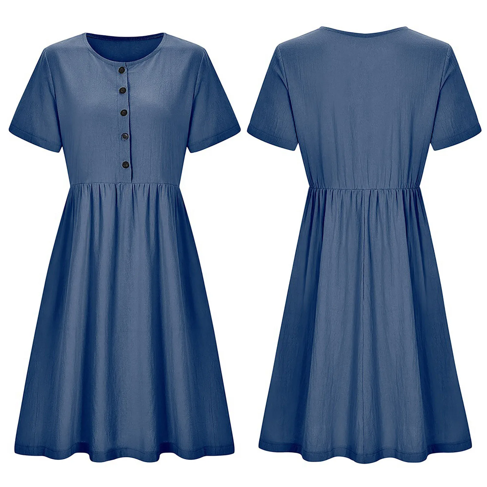

40# Vintage Turn-down Collar Dress Button Short Sleeve Pleated Dress Solid Cotton Linen Dress Elegant Ruffles Mid Calf Dress