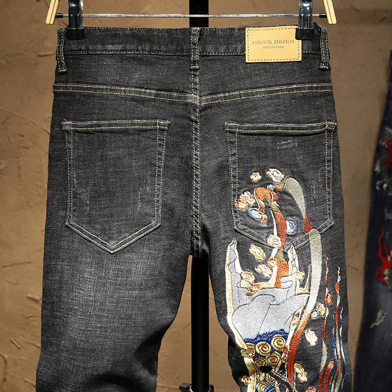 Джинсы мужские прямые с вышивкой Винтажные эластичные штаны Slim fit в стиле хип хоп