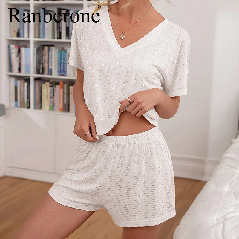 Ranberone Summer Shorts Sets Two Piece Set Women Tracksuit  Short Sleeve O-Neck Tee Tops + Shorts Suits Outfit Casual Nightwear