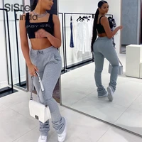 sisterlinda street style gray sweatpants for women drawstring casual extra long stacked pants winter thick warm trousers 2020new