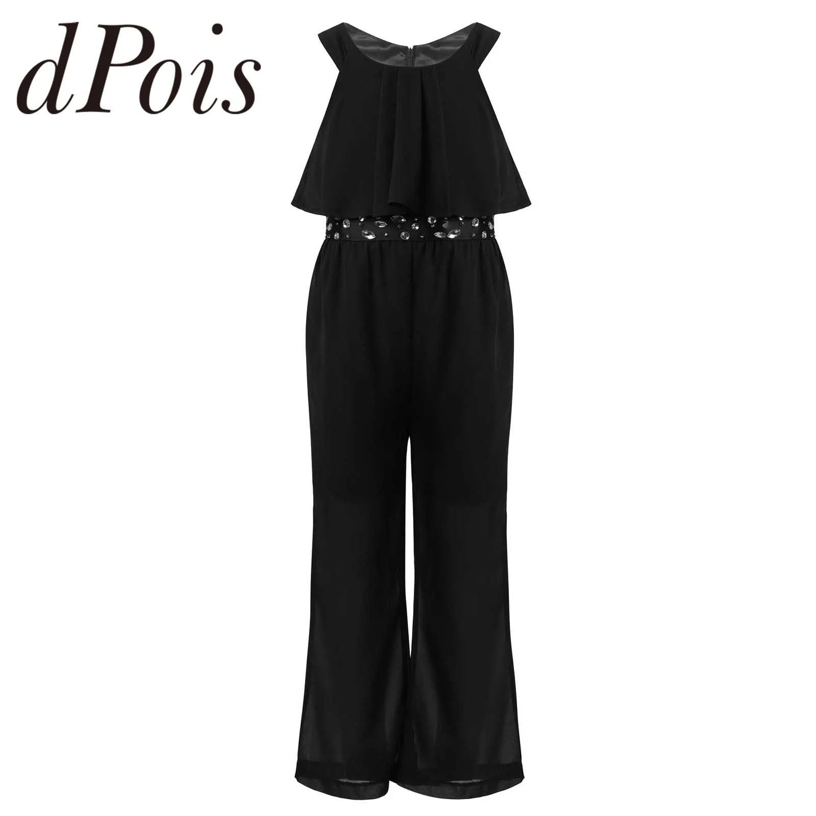

Kids Girls Overalls Chiffon Sleeveless Sparkly Rhinestone High Waist Wide Leg Maxi Jumpsuit Childrens Dance Wear Girl Playsuit