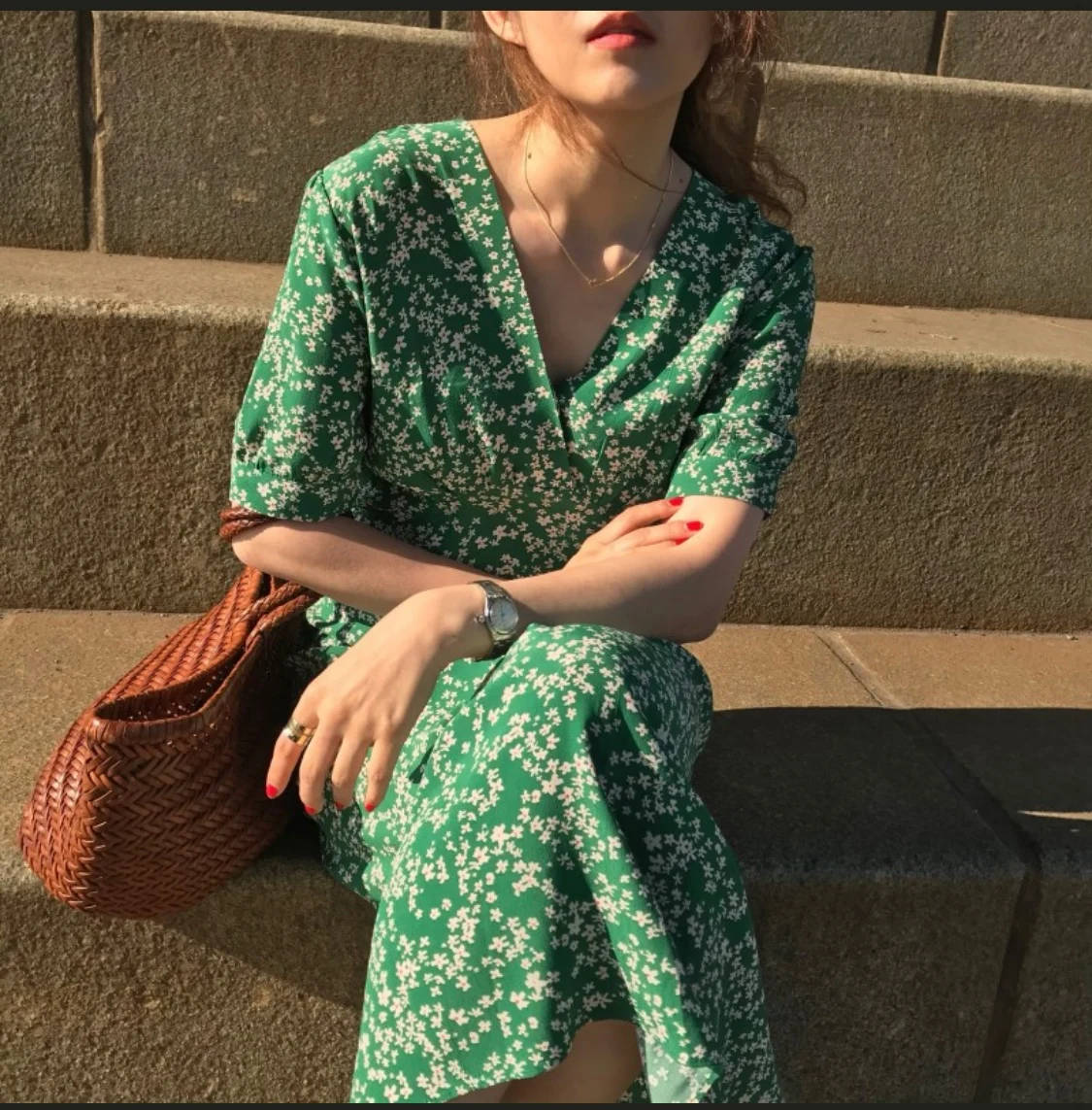 

Green Women Korea Chic Summer Dress Printed Flower V-neck Dress for Women High Waist Mid Length Dress Casual Vestido