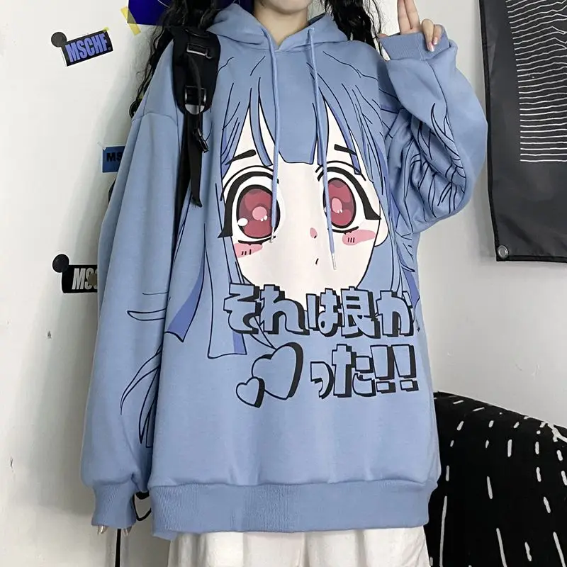 

Autumn And Winter Harajuku Style Student Sky Blue Female Sweatshirt Anime Girl Pattern Plus Velvet Warm Hoodie Pullover Women