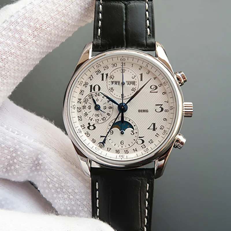 

Men's Watches Automatic Mechanical Watch For Men OEMG White Dial Moon Stars 40mm Luxury Watch Steel Strap 1:1 Replica Watch