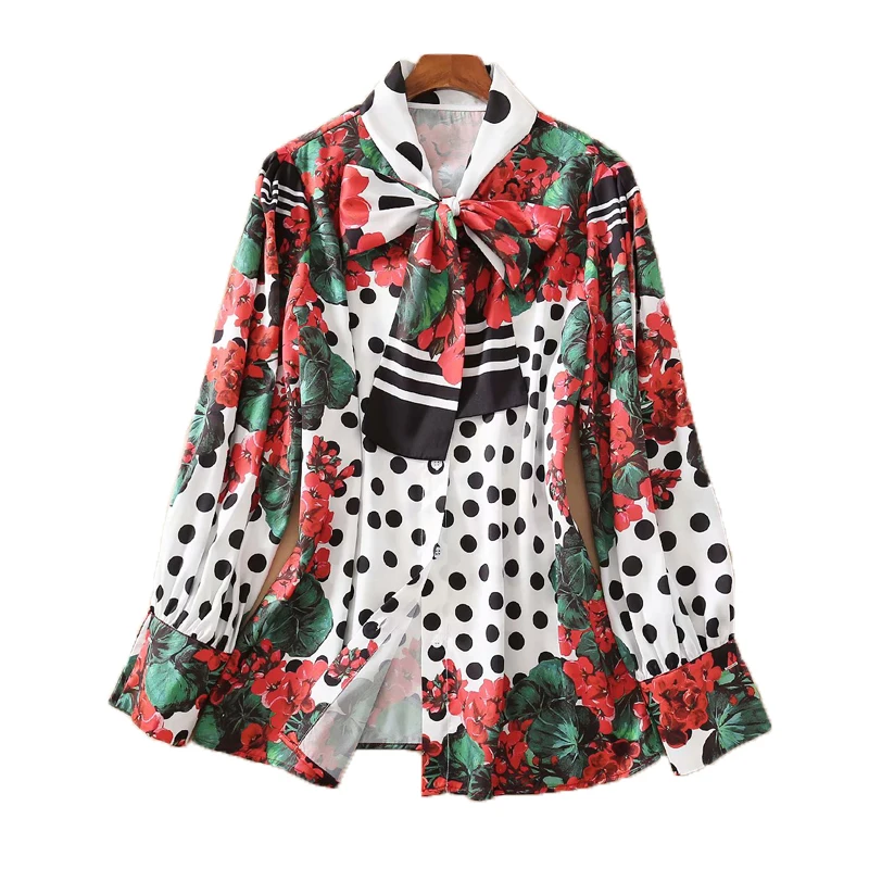 

2021 Spring New Style Boho Retro Print Polka Dot Flower Bow Single Breasted Long Sleeve Shirt Women High Quality Fashion