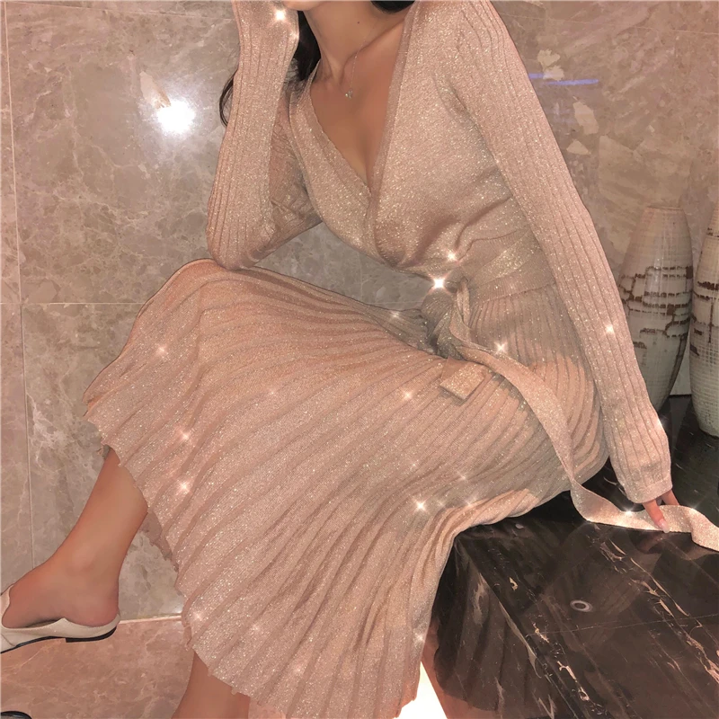 

New Fashion Women Knitted Pleated Dress Fall Winter Long Sleeve Thick Sweater Solid Sexy V Neck Sashes 2 Color Dress