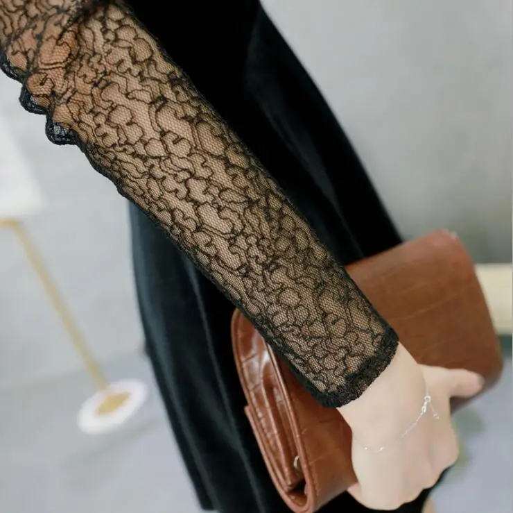 

2019 Autumn Winter Black Velvet Dress Sexy Lace Patchwork A-line Dress Long Sleeve Stand Colllar Ladies Party Dress