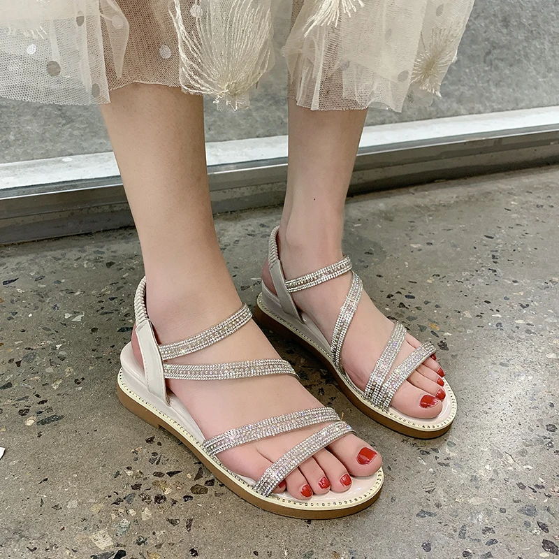 

All-Match Female Sandal Med Flat Summer Shoes Woman Clear Heels Clogs Wedge Soft Girls Medium Without Fashion Rhinestone Beige 2