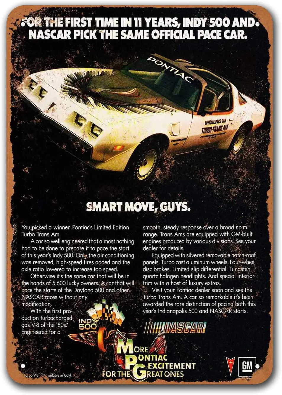 

1980 Pontiac Trans Am Turbo Pace Car Vintage Car Tin Signs, Sisoso Metal Plaques Poster Pub Man Cave Retro Wall Decor 12x16 inch