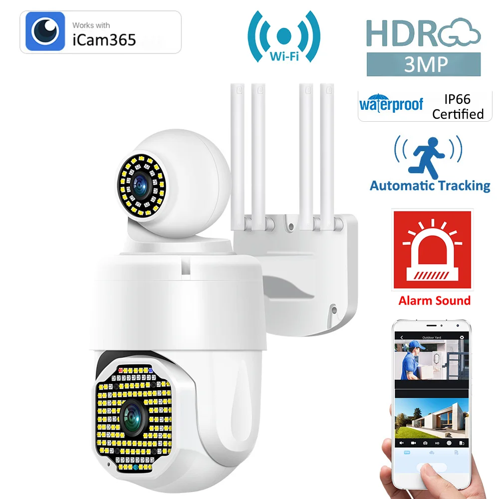 Купить Двойной объектив 3MP PTZ IP-камера Wi-Fi Наружная камера видеонаблюдения с автоматическим отслеживанием 4X Цифровой зум CCTV Звуковая сигнализация ... Цена Двойной объектив 3MP PTZ IP-камера Wi-Fi Наружная камера видеонаблюдения с автоматическим отслеживанием 4X Цифровой зум CCTV Звуковая сигнализация ...