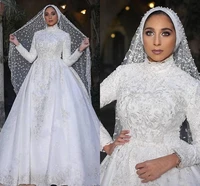 muslim arabic long sleeve wedding dresses 2021 a line high neck lace appliques beaded church bridal gowns long vestidos de novia