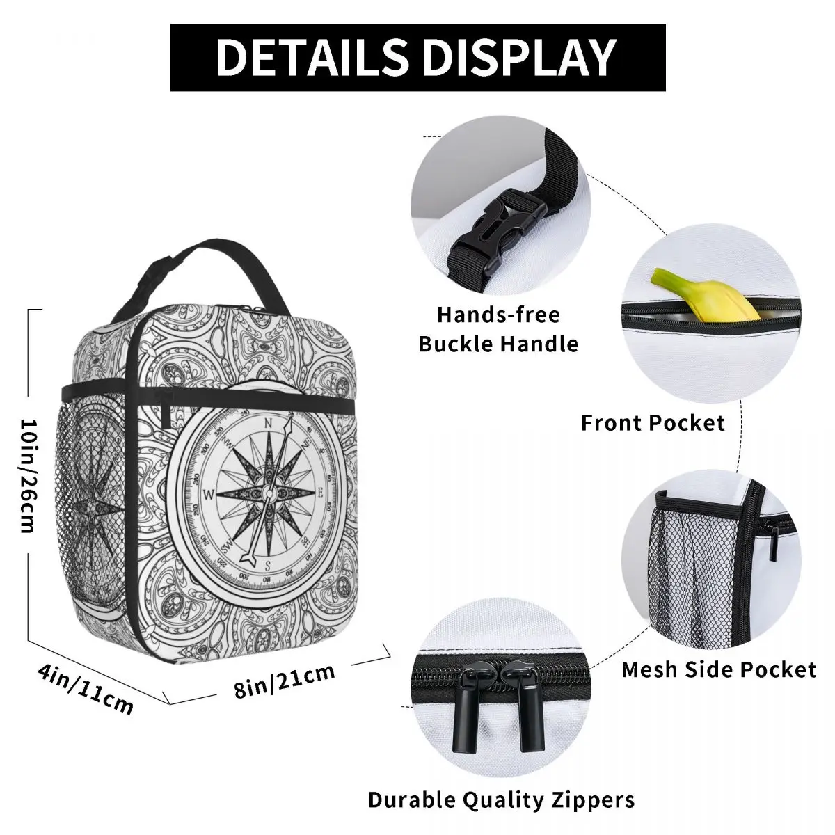 

Black Compass Lunch Bag for Women Men Large Insulated Lunch Box with Water Bottle Holder and Pockets