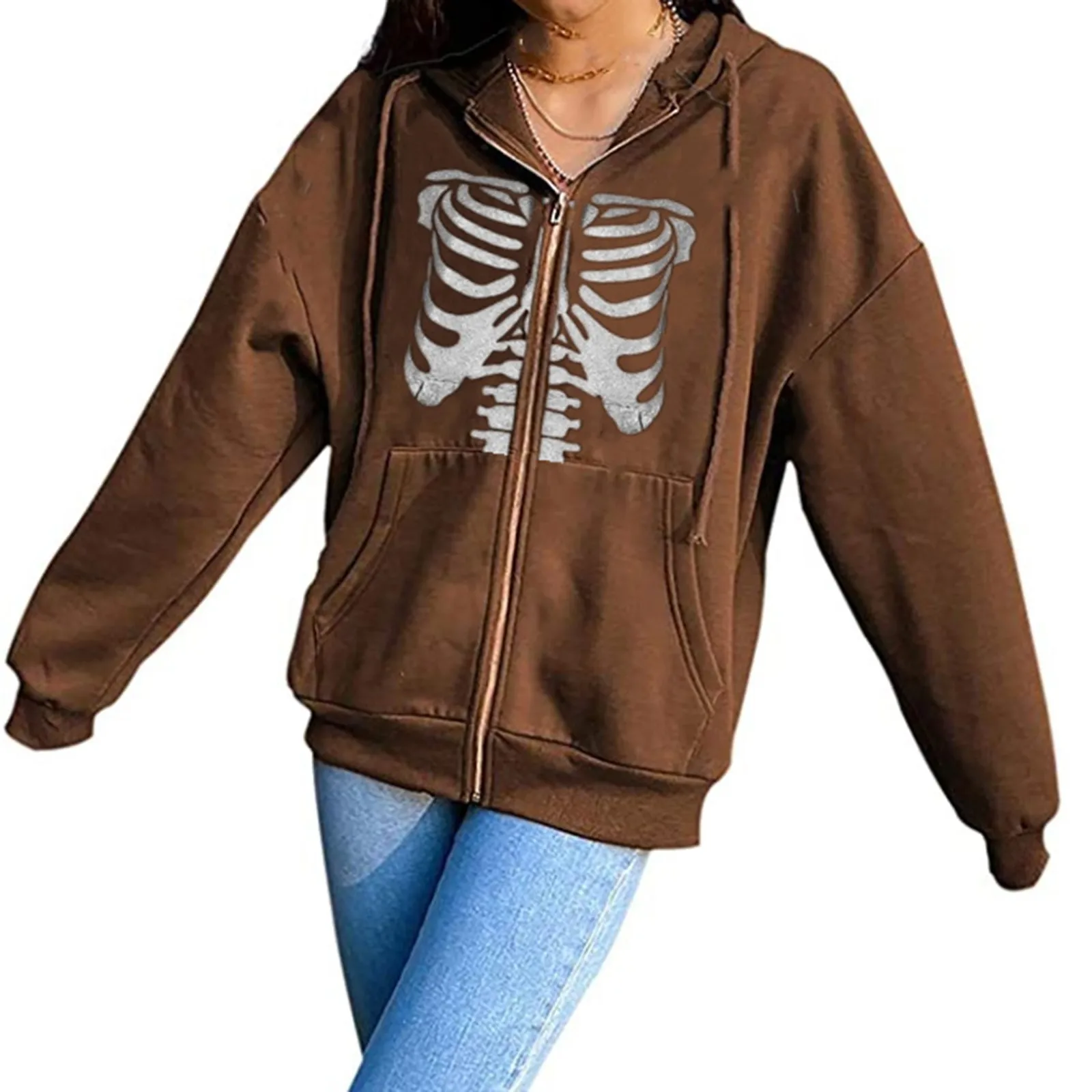 

Y2k Women's Jackets Autumn Zip Up Hooded Coat Fashion Harajuku Skeleton Loose Jacket Gothic Female Clothing Outwear Streetwear