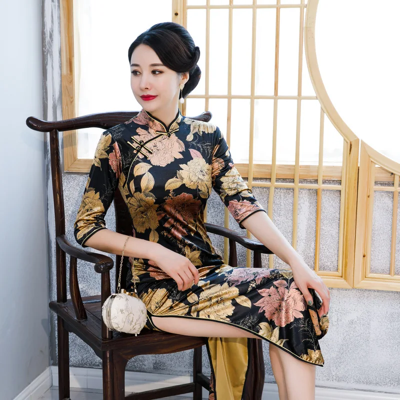 Осень-зима Cheongsam золото бархат Мода Бронзовый принт рукав три четверти платье для