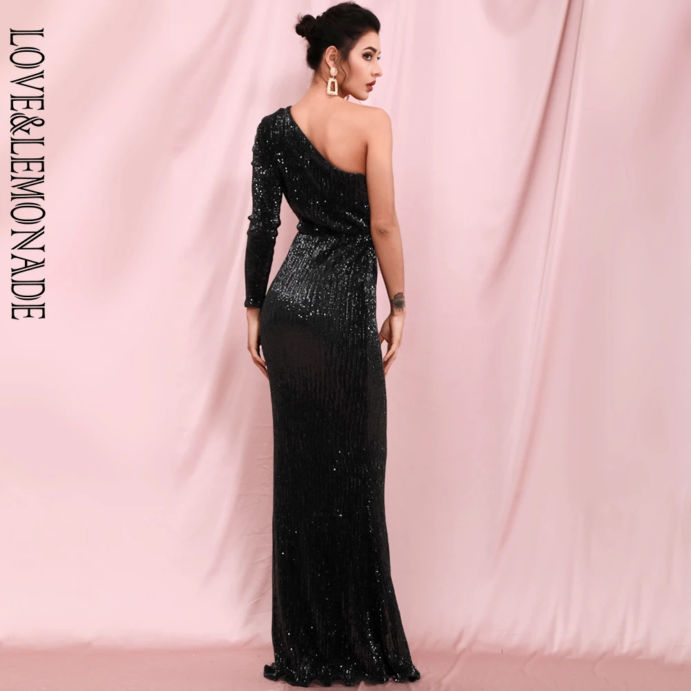 

LOVE & LEMONADE Sexy Black Strapless Single Sleeve Bodycon Elastic Sequin Maxi Dress LM82393