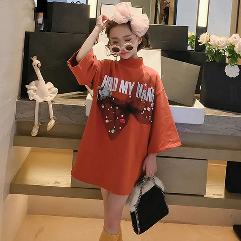 Весенне-летняя футболка для девочек Детская длинная Модные топы детей уличная