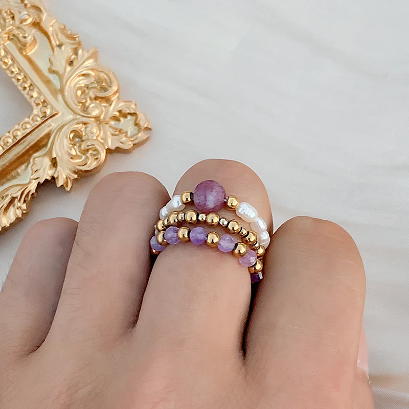 

Dream Purple Quartz Natural Stone Rings with Stainless Steel Beads Fashion Jewelry Set Freshwater Pearl Rings Elastic Adjustable