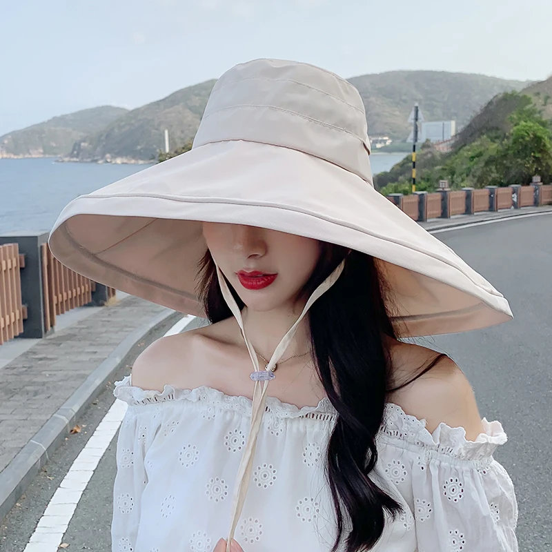 Summer Fashion Black Bucket Hat Women Korean Sunscreen Big Brim Fishermen Hats Chapeau Bucket Caps Panama Big Size Gorro