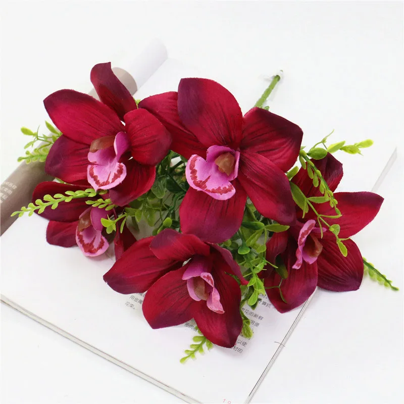 purple red Новинка, 5 головок, искусственный цветок, букет, цимбидиевая Орхидея, сделай сам, свадебный букет, для дома, вечерние, для стола, цветок, настенные аксессуары, Орхидея, 1 шт - Цвет: purple red