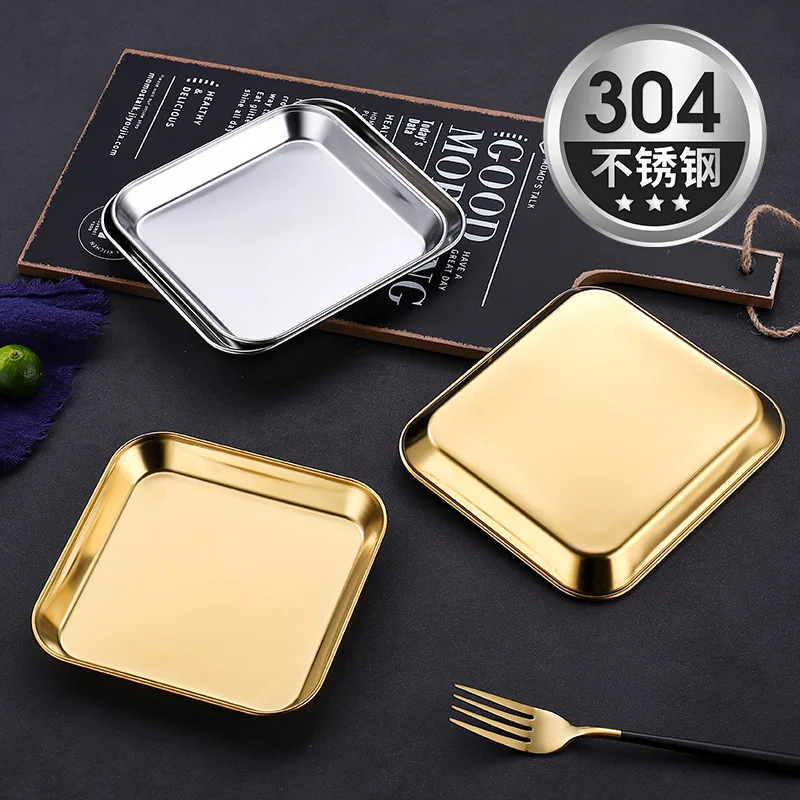 

304 Stainless Steel Dinner Plates Korean Square Serving Tray Snack Fruit Dessert Bread Dishes Thicken Kitchen Food Tableware