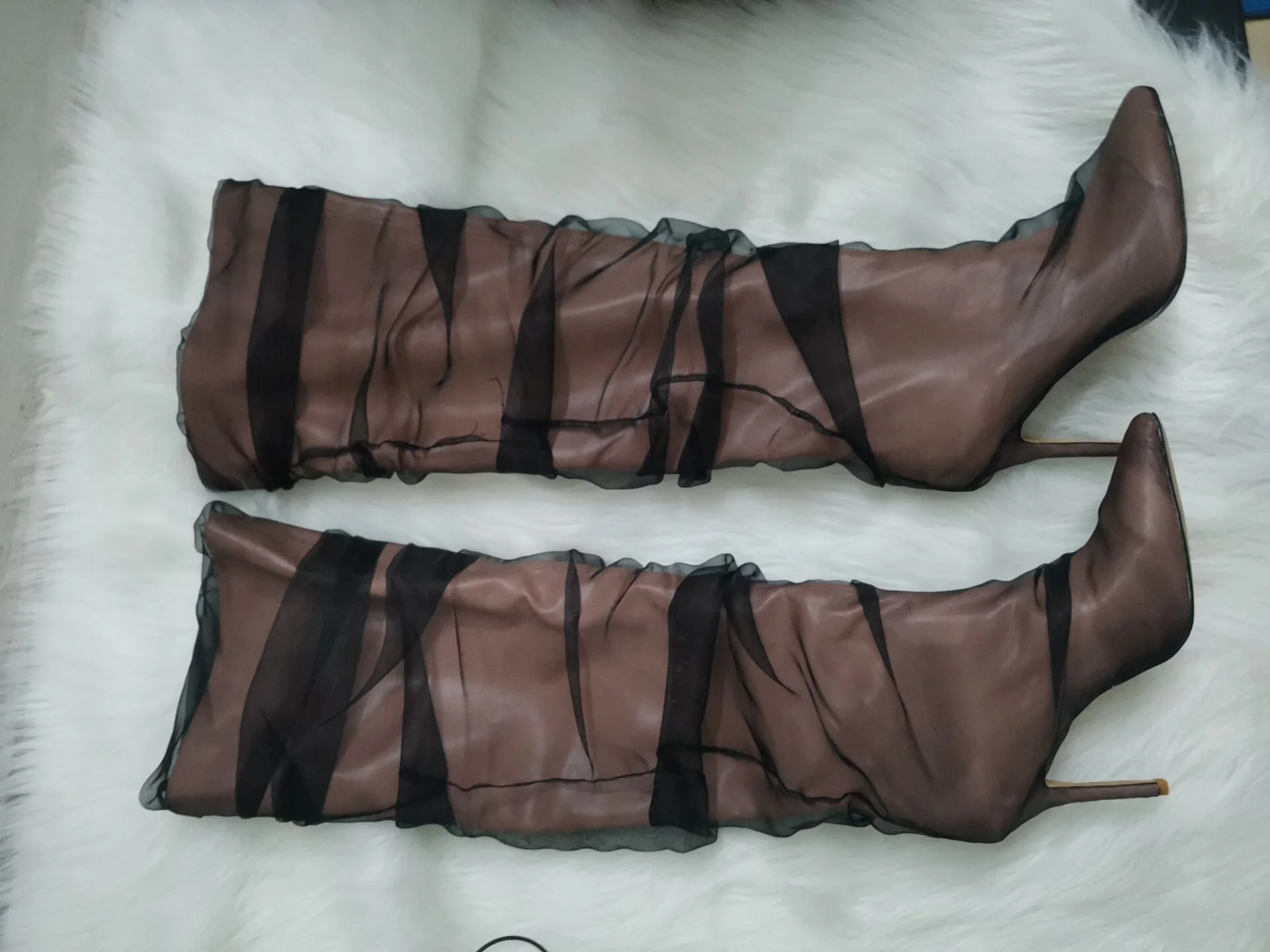 

Fashion solid black net sexy pointed high top boots