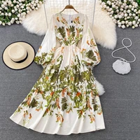 merchall 2022 spring elegant maxi dress womens flower print v neck lantern sleeve elastic high waist long dress vestidos m63972