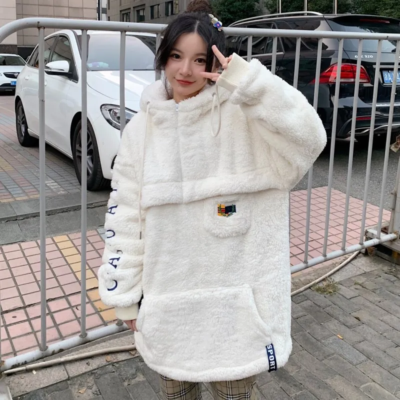 

Fashion Harajuku Oversize Pullover Hoodies Women Autumn Winter Warm Faux Lamb Wool Hoody Tide Casual Letter Print Ins Streetwear