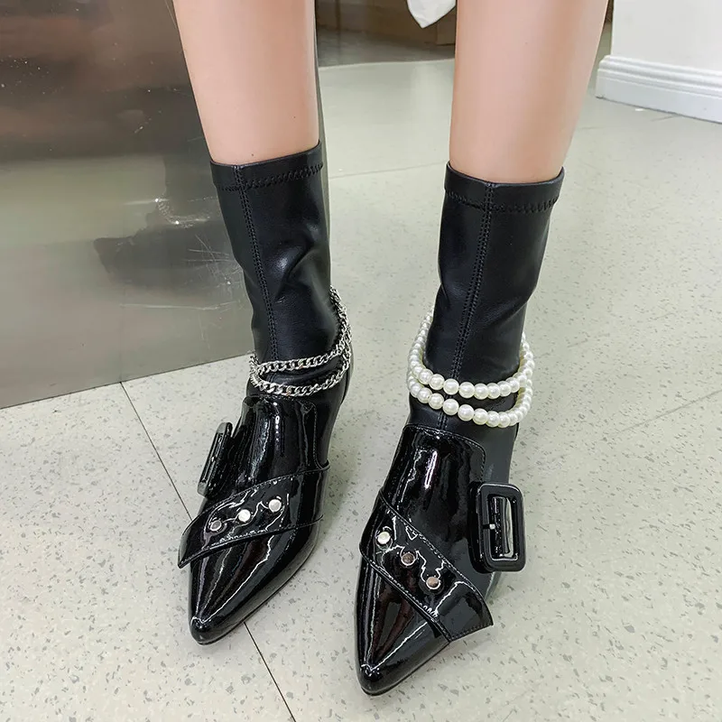 

MEMUNIA 2020 hot sale genuine leather footwear women ankle boots pointed toe pearl chain thin high heel party shoes woman