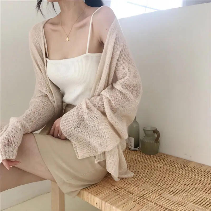 

Knitted sunscreen clothing Korean wind women lazy thin perspective long sleeve knitted cardigan sunscreen clothing