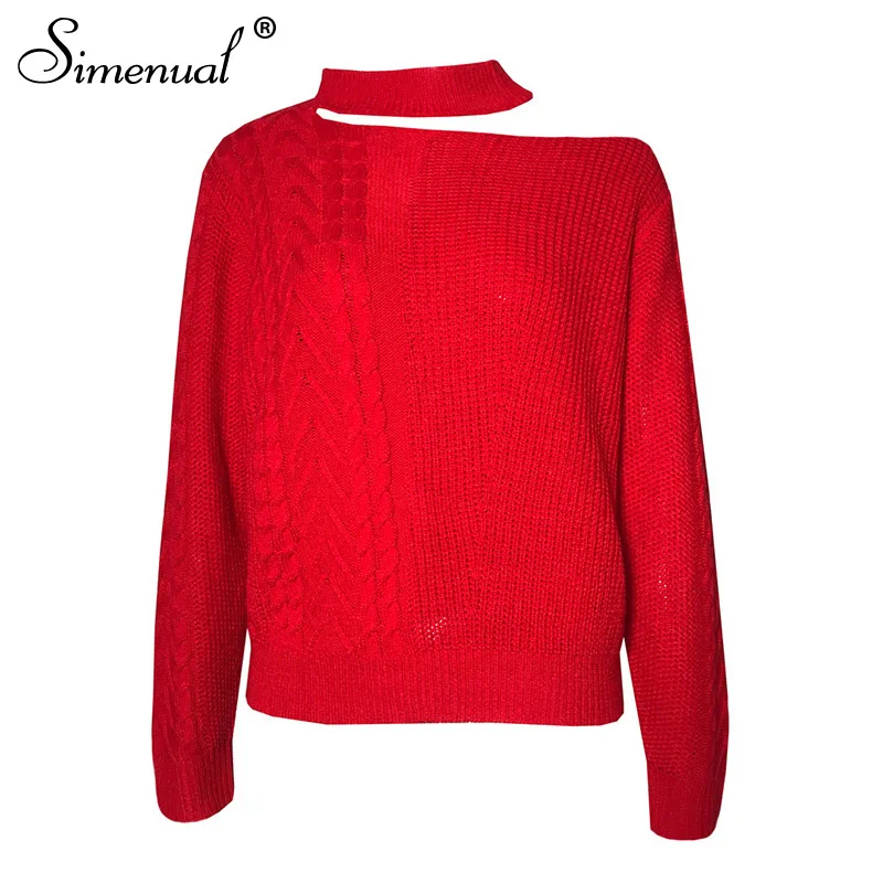 red Simenual Вязанная одежда, модные свитера для женщин, длинный рукав, на одно плечо, пуловеры, Осень-зима, одноцветные, базовые, сексуальные - Цвет: red