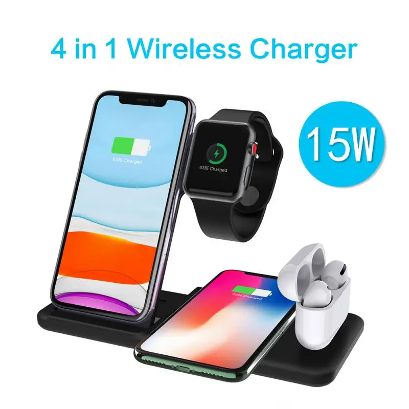 Беспроводная зарядная док станция 4 в 1 QI для iPhone 11 Apple Watch iWatch 2 3 5 Airpods Держатель