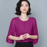 2021 summer loose short sleeve chiffon shirt blouse solid color plus size lace collar t shirt womens top blusas mujer de moda