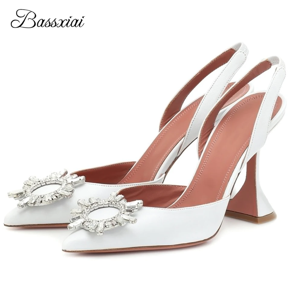 

Genuine Leather High Heel Sandals For Girls Sexy Pointed Toe Goblet Heel Crystal Rhinestone Sunflower Buckle Sandalias Mujer