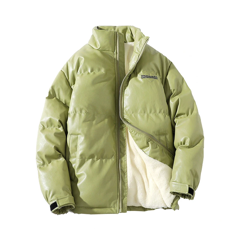 2023 PU Leather Thicken Warm Fleece Men Parkas Winter Stand Collar Letter Printed Casual Jackets Coats Outwear