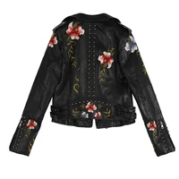 women floral print embroidery faux soft leather jacket coat turn down collar casual pu motorcycle black punk outerwear