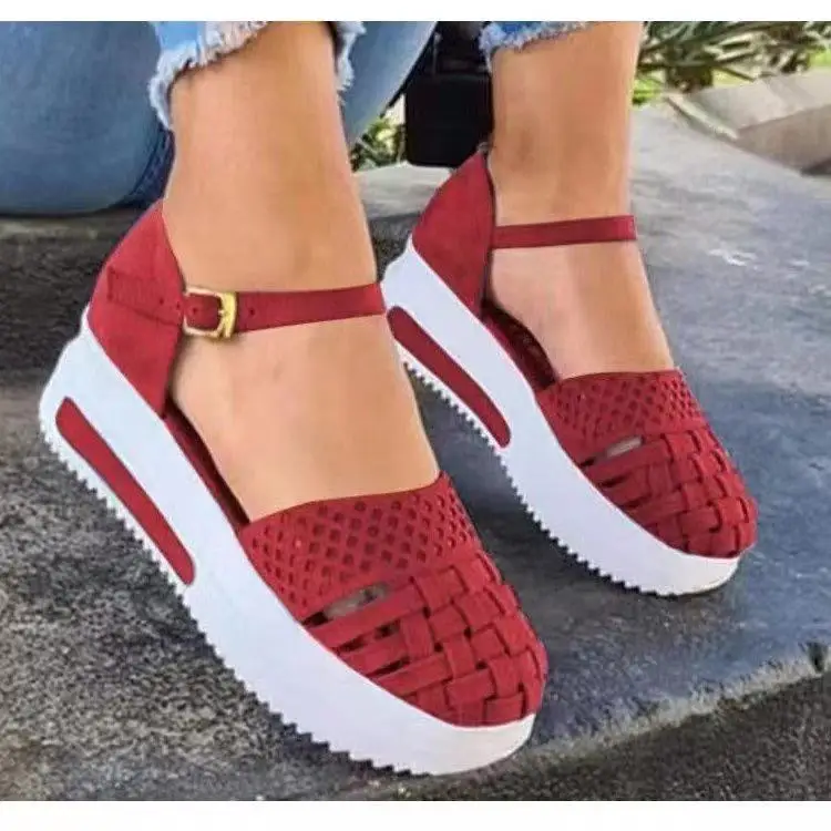 

Women Hollow Out Sandals 2021 Summer Female Buckle Strap Flats Ladies Casual Increase Platform Wedges Woman Footweat Big Size 43