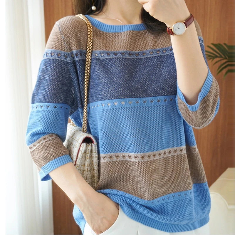 

Summer Women knitted Short sleeve 2021 Thin Sweater Female Hollow Out Turtleneck Pullover Ladies knit Cotton Loose Jumpers