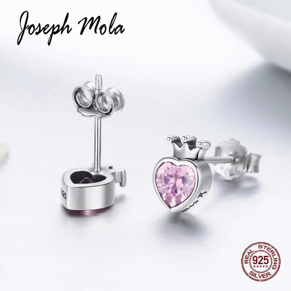 Joseph Mola 925 стерлингового серебра Принцесса Корона сердце розовый кристалл серьги