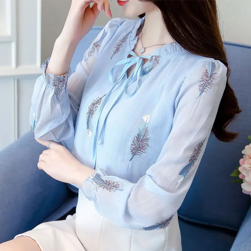 2019 корейские повседневные блузки Осенние женские с вышивкой из перьев круглым