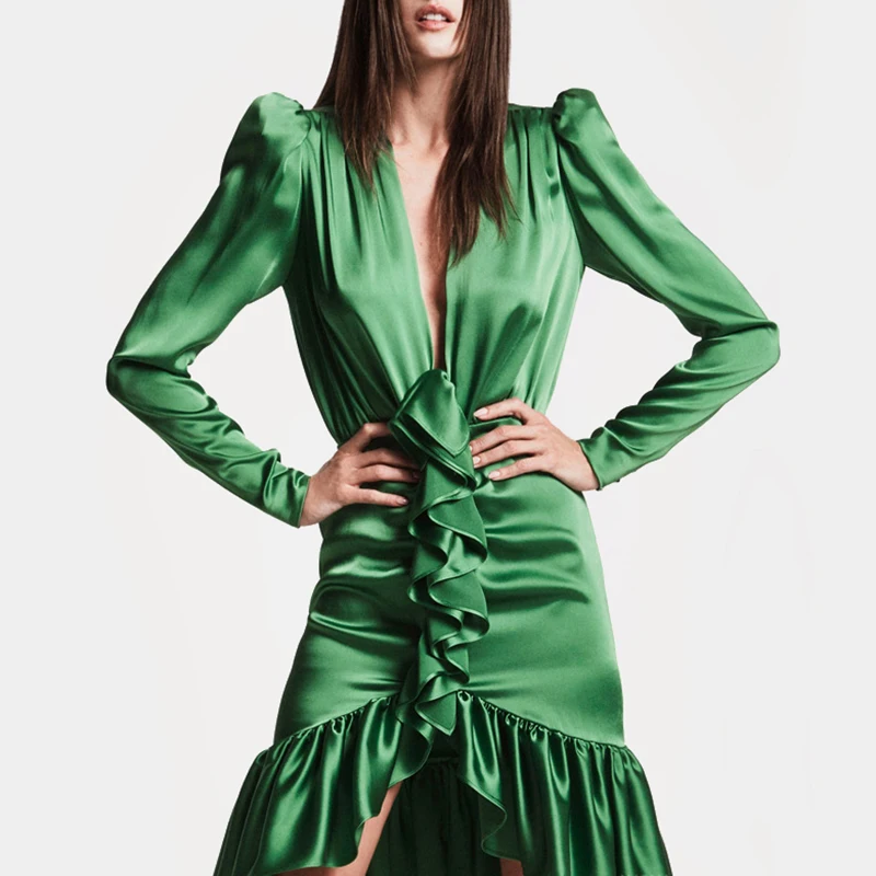 

Max Spri 2019 New Collection Women V Neck Full Sleeve Ruffles Fishtail Dress Office Lady Elegant Party Vestidos