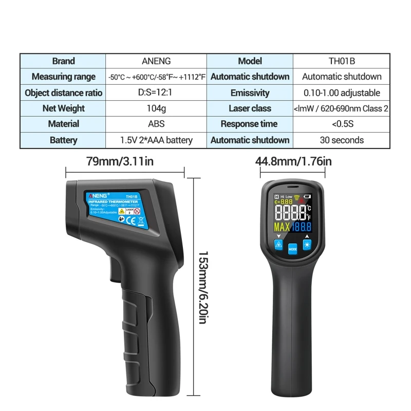 

TH01B Digital infrared Thermometer Pyrometer Industrial Temperature -50~600 23GB