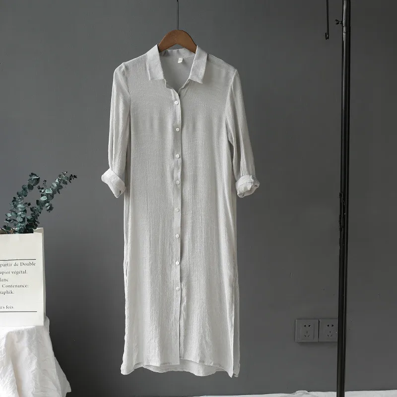 

Summer Long Grey Women Shirt Female Cardigans Cotton Linen Korean Casual Ladies Long Sleeve Button Tops Linen Blouse Plus Size