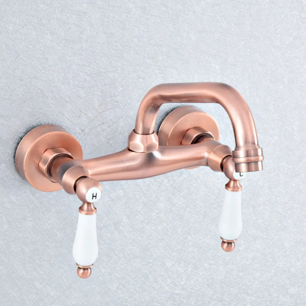 

Antique Red Copper Brass Wall Mounted Kitchen Wet Bar Bathroom Sink Faucet Swivel Spout Mixer Tap Dual Ceramic Handles asf900