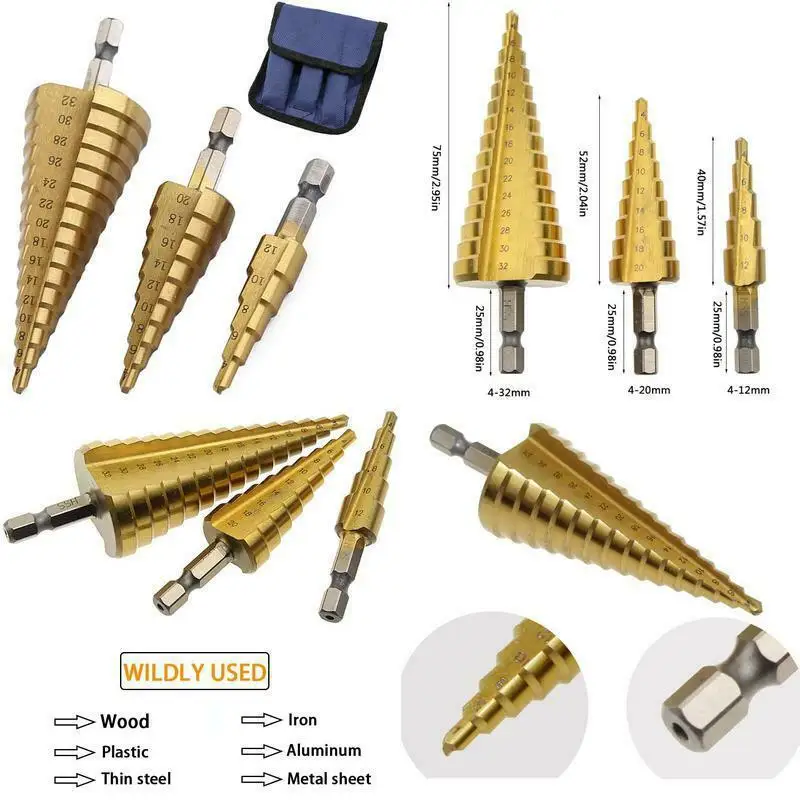 

3pcs HSS Titanium Woodworking Drill Bit 4-12 4-20 4-32 Drilling Power Tools Metal High Speed Steel Wood Hole Cutter Cone Drill