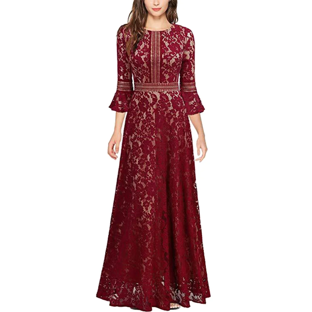 Wine Red Женское кружевное платье с высокой талией, плиссированное длинное платье с рукавами до локтя, элегантное женское платье подружки невесты для свадебной вечеринки, Длинное Платье Макси - Цвет: Wine Red