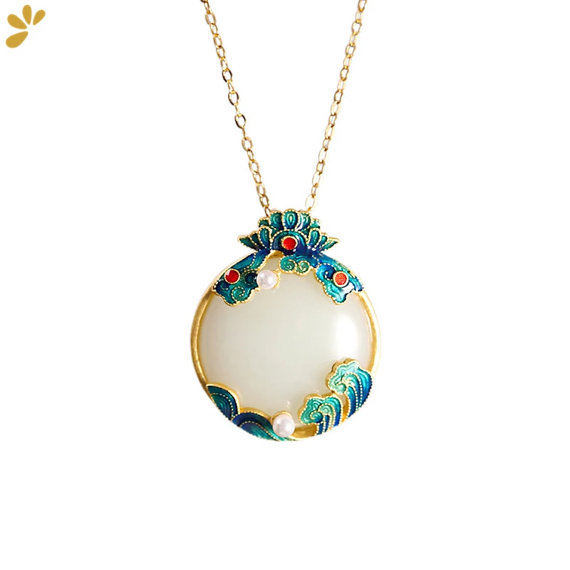 

Vintage S925 Silver Goldplated White Jade Cloisonne Pendant Necklace Colorful Enamel Rosy Cloud Necklaces Fine Jewelry For Women