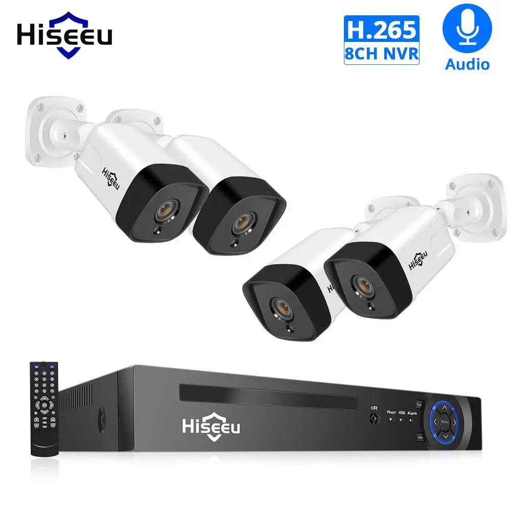 Hiseeu 8CH 1080P POE NVR CCTV система безопасности 4 шт. 2.0MP аудио запись IP камера ИК P2P комплект