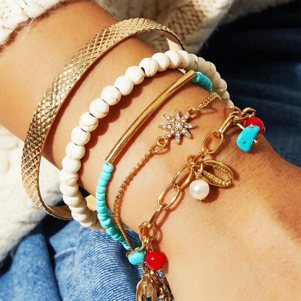 

CHENFAN Europe and the United States Cross-border Metal Shell Bracelet Set 5 Piece Creative retro Bohemian e bracelet for women