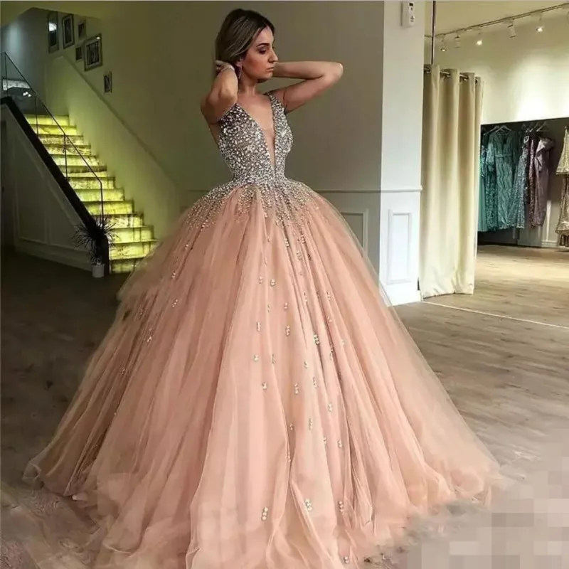 

High Quality Crystals Evening Dresses A Line Sexy V Neck Sequined Long Tulle Pageant Prom Party Gown Robe De Mariee ED95